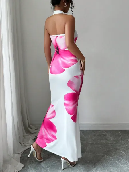 Design Floral Print Halter Neck Maxi Dress Beige Red - 19