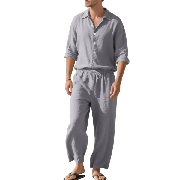 Design Linen Shirt and Drawstring Pants Set White Casual Set - 27
