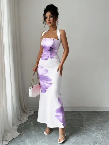 Design Floral Print Halter Neck Maxi Dress Beige Red - 26