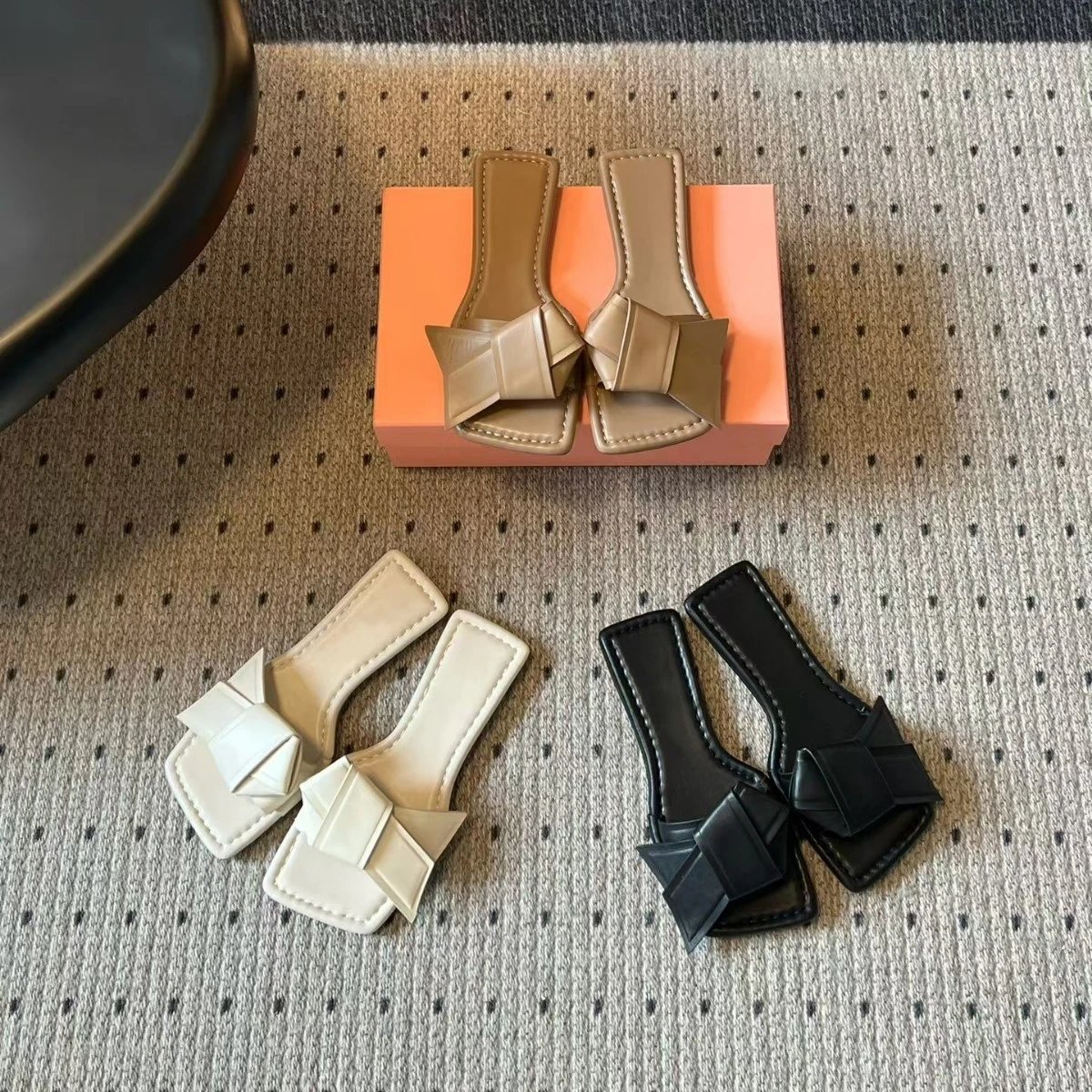 Faux Leather Square Toe Bow Slide Sandals