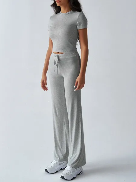 Design Cropped Tee and Wide-Leg Joggers Set Navy Blue - 12