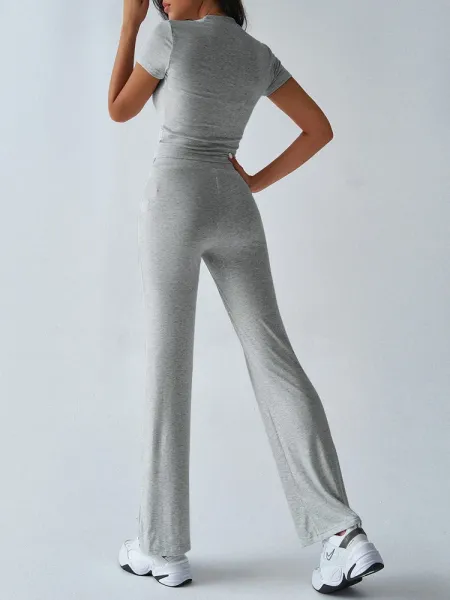 Design Cropped Tee and Wide-Leg Joggers Set Navy Blue - 13