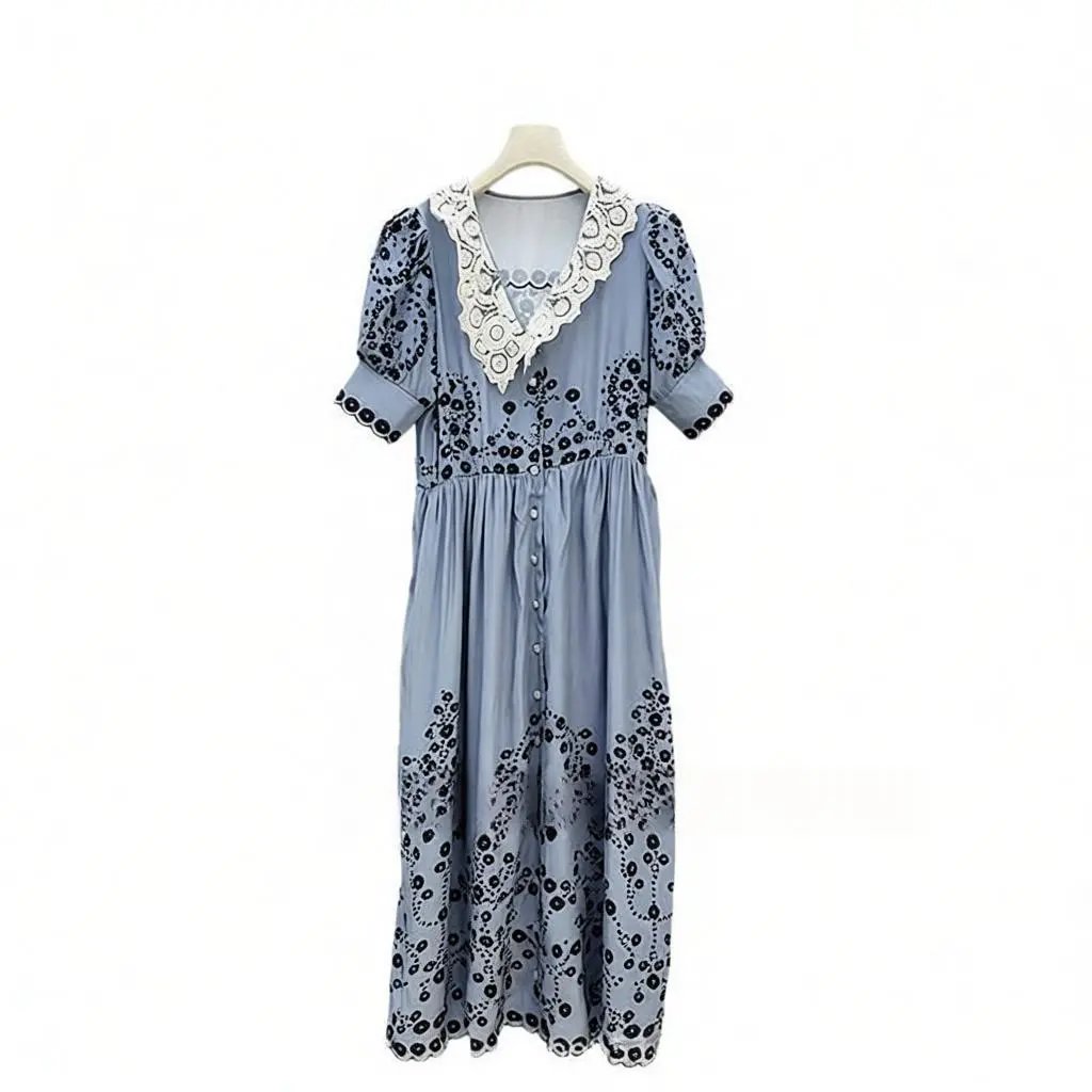 Blue Floral Print Lace Collar Midi Dress