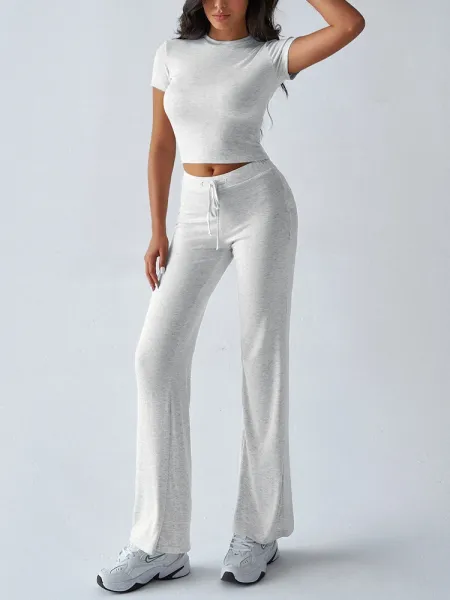 Design Cropped Tee and Wide-Leg Joggers Set Navy Blue - 17