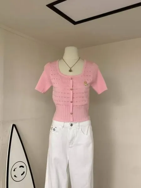 Design Knit Button-Front Top with Embroidered Detail White + Denim Mini Skirt Blue Sets - 10