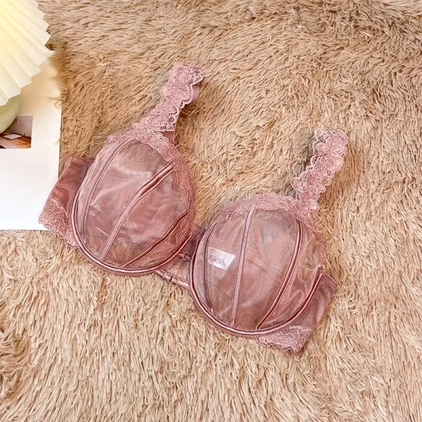 Design Lace-Trimmed Sheer Mesh Bralette in Dusty Rose Underwear - 1