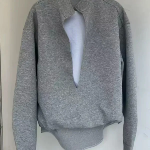 Design Gray Mandarin Collar Cropped Sweatshirt and Wide-Leg Sweatpants Set - 5