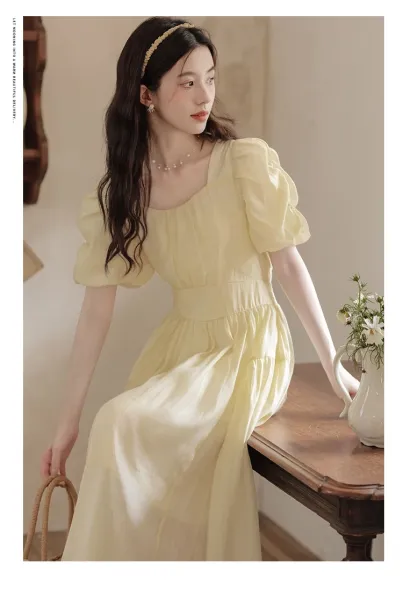 Design Yellow Puff-Sleeve Square-Neck Midi Dress - 9