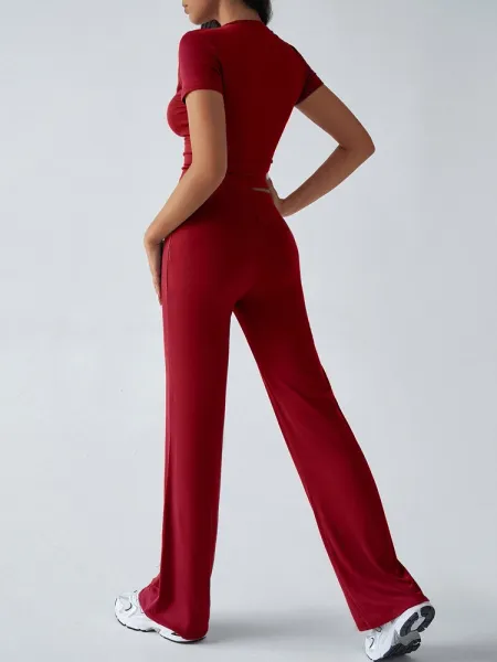 Design Cropped Tee and Wide-Leg Joggers Set Navy Blue - 26