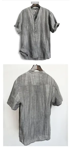 Design Henley Shirt Gray Linen-Blend Top - 7
