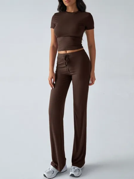 Design Cropped Tee and Wide-Leg Joggers Set Navy Blue - 31