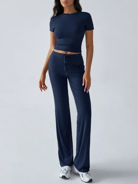 Design Cropped Tee and Wide-Leg Joggers Set Navy Blue - 34