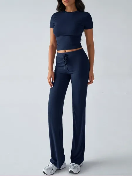 Design Cropped Tee and Wide-Leg Joggers Set Navy Blue - 37