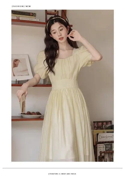 Design Yellow Puff-Sleeve Square-Neck Midi Dress - 14