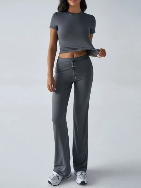 Design Cropped Tee and Wide-Leg Joggers Set Navy Blue - 45