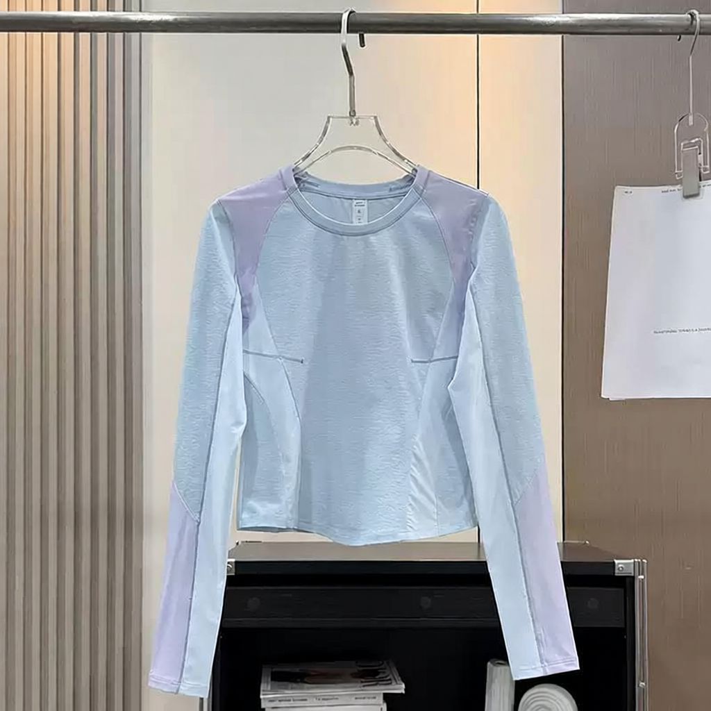 Mesh Panel Long Sleeve Crop Top White and Light Blue Sporty