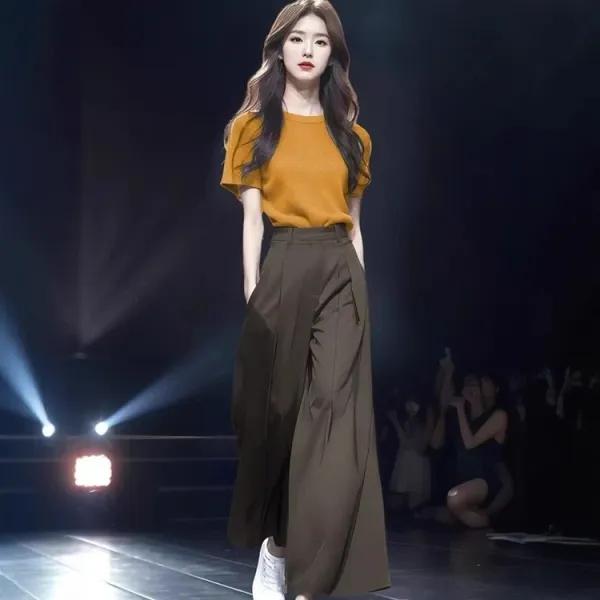 Design Knit Short-Sleeve Top in Lime Yellow and High-Waisted Wide-Leg Pants in Black Clothing - 4