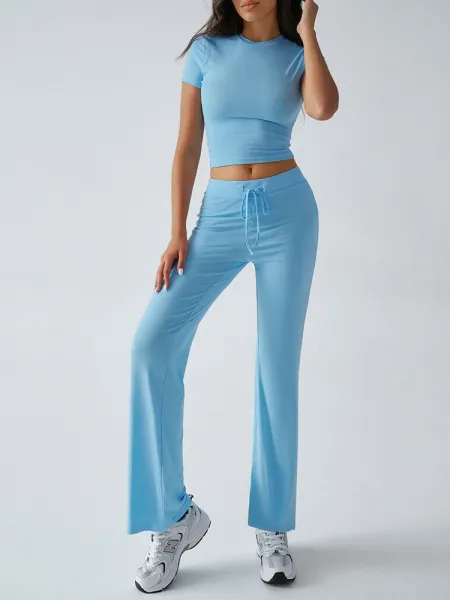 Design Cropped Tee and Wide-Leg Joggers Set Navy Blue - 58
