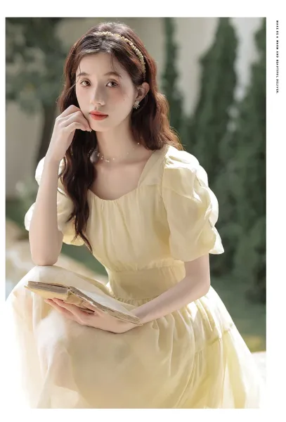Design Yellow Puff-Sleeve Square-Neck Midi Dress - 19