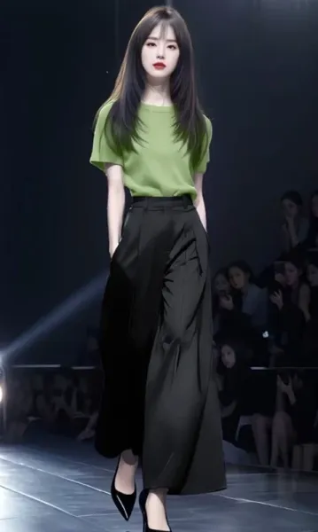 Design Knit Short-Sleeve Top in Lime Yellow and High-Waisted Wide-Leg Pants in Black Clothing - 8