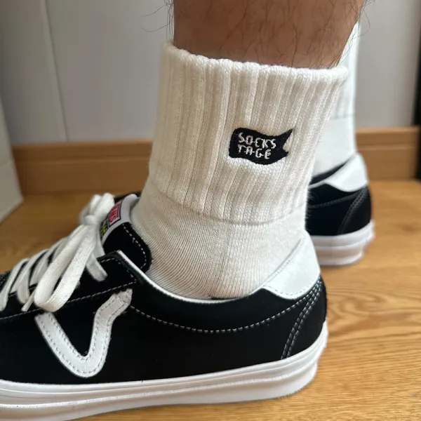 Design Ribbed Cuff Crew Socks Beige with Black Toe and Heel - 17