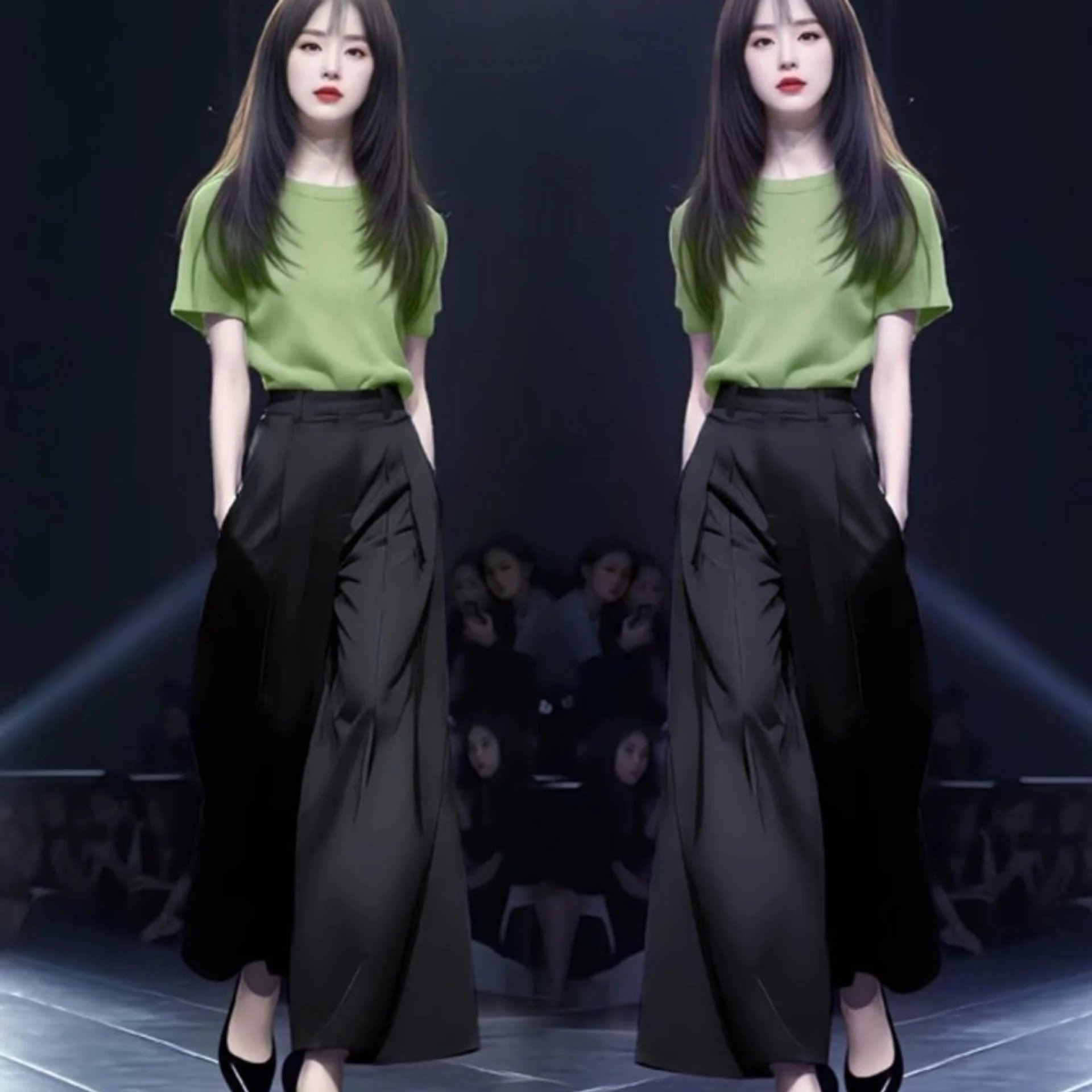 Design Knit Short-Sleeve Top in Lime Yellow and High-Waisted Wide-Leg Pants in Black Clothing - 10