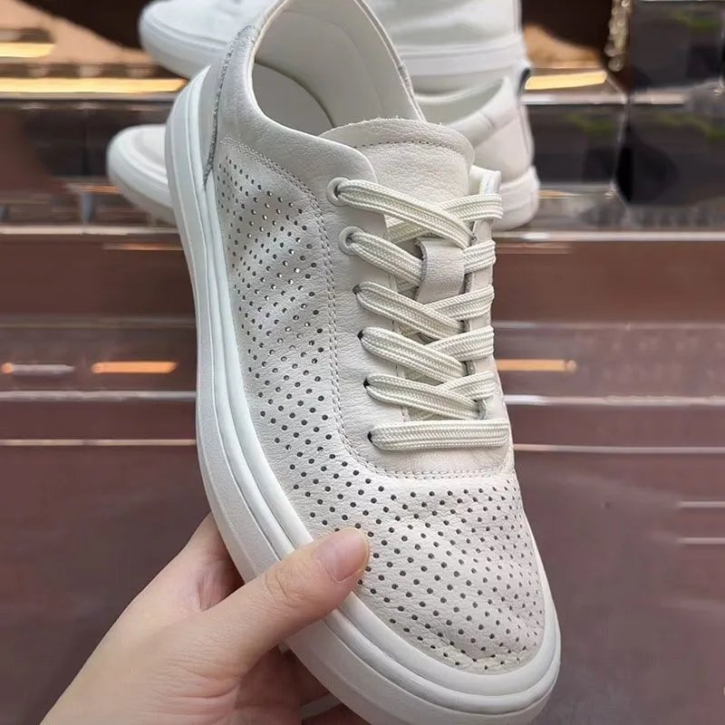 Design Perforated Leather Low-Top White Sneakers - 9