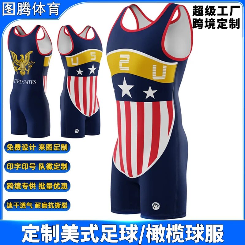 Custom USA Patriotic Navy Blue Red White Wrestling Singlet