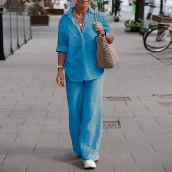 Design Linen Shirt and Pants Set Light Blue Casual Set - 9