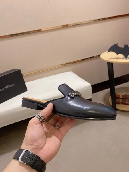 Giorgio Armani Eagle Logo Black Leather Mule Slippers - 5