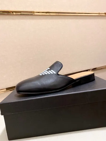 Giorgio Armani Eagle Logo Black Leather Mule Slippers - 12