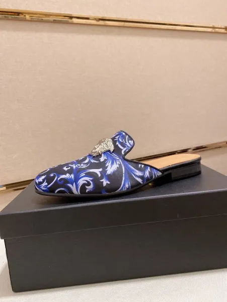 Versace Barocco Print Medusa Loafer Mule Navy Gold Shoes - 10