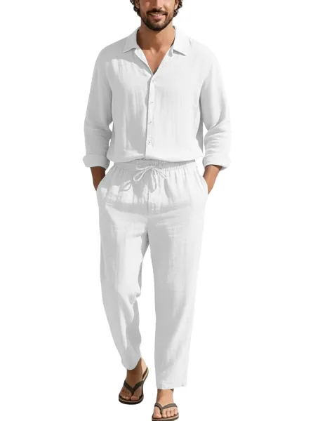 Design Linen Shirt and Drawstring Pants Set White Casual Set - 47