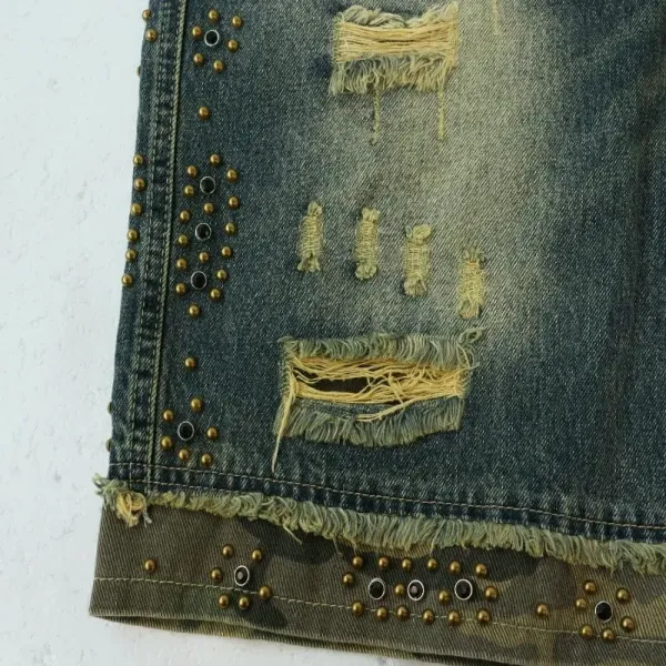 Design 8700 Washed Denim Shorts with Rivets and Camo Hem - 6