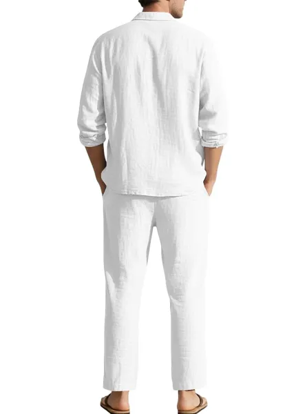 Design Linen Shirt and Drawstring Pants Set White Casual Set - 48