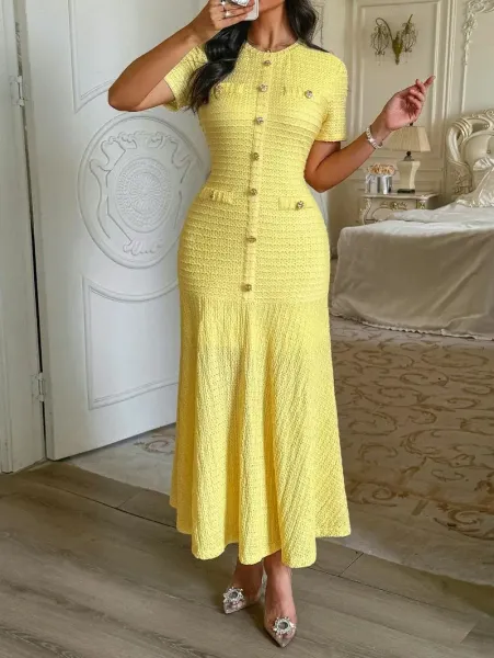 Design White Tweed-Style Button-Front Midi Dress with Gold Hardware Dress - 16