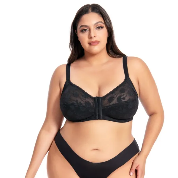 Design Lace Front-Closure Bra Black Underwear Set - 1