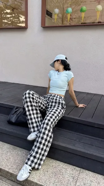 Design Gingham Check Wide-Leg Lounge Pants Black and White - 5