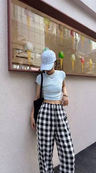 Design Gingham Check Wide-Leg Lounge Pants Black and White - 6