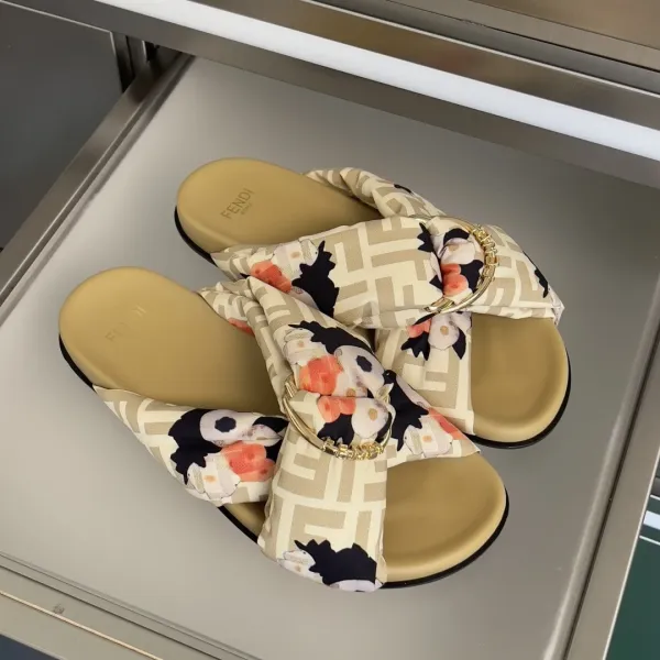 Fendi FF Logo Bow Slide Sandals Yellow and Beige Slippers - 5