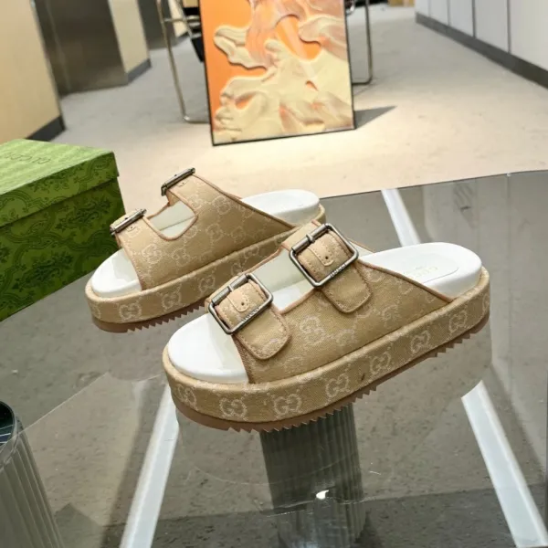 Gucci GG Marmont Slide Sandals Beige Canvas Platform Slippers - 1