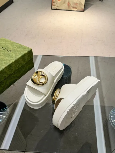 Gucci GG Marmont Slide Sandals White with Gold Hardware Slippers - 4