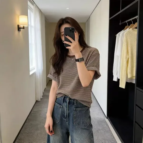 Design Striped Relaxed Fit T-Shirt Brown Beige T-Shirt - 13