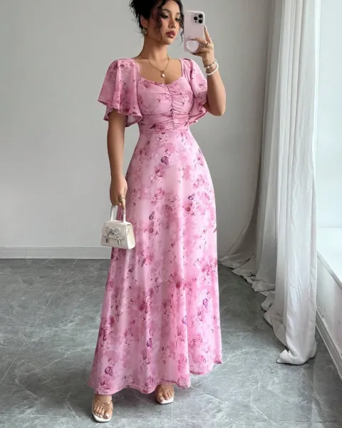Design Floral Print Puff Sleeve Square Neck Maxi Dress - 17