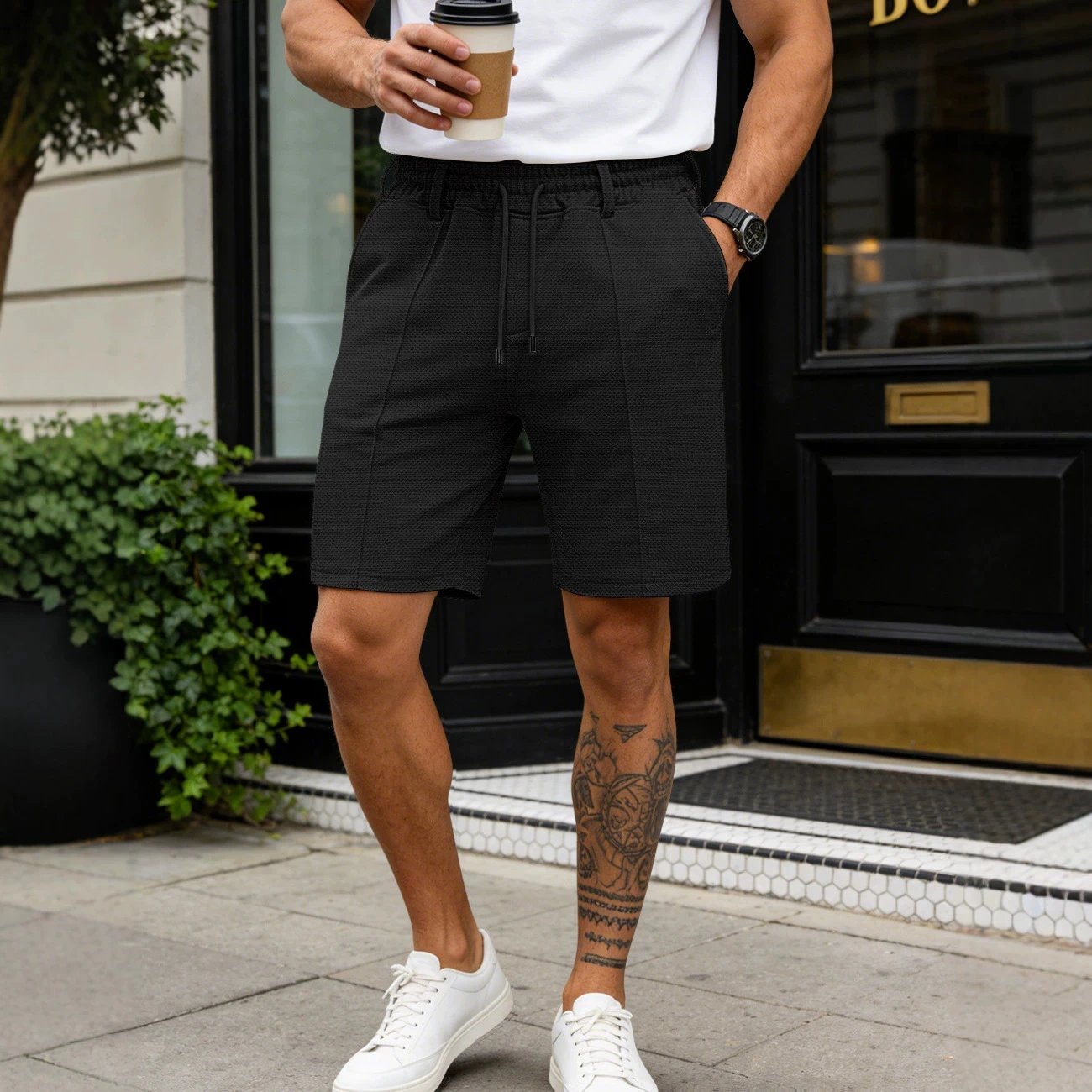 Men's Drawstring Waist Pleated Shorts Forest Green Casual