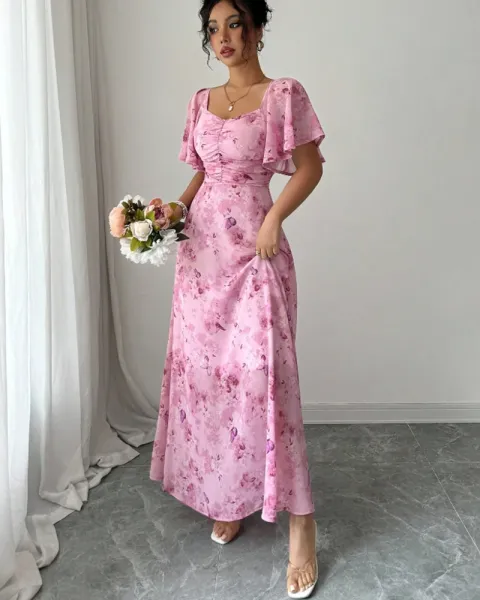 Design Floral Print Puff Sleeve Square Neck Maxi Dress - 18