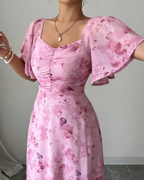 Design Floral Print Puff Sleeve Square Neck Maxi Dress - 20