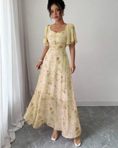 Design Floral Print Puff Sleeve Square Neck Maxi Dress - 33