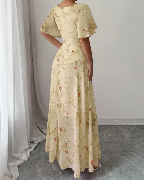 Design Floral Print Puff Sleeve Square Neck Maxi Dress - 35