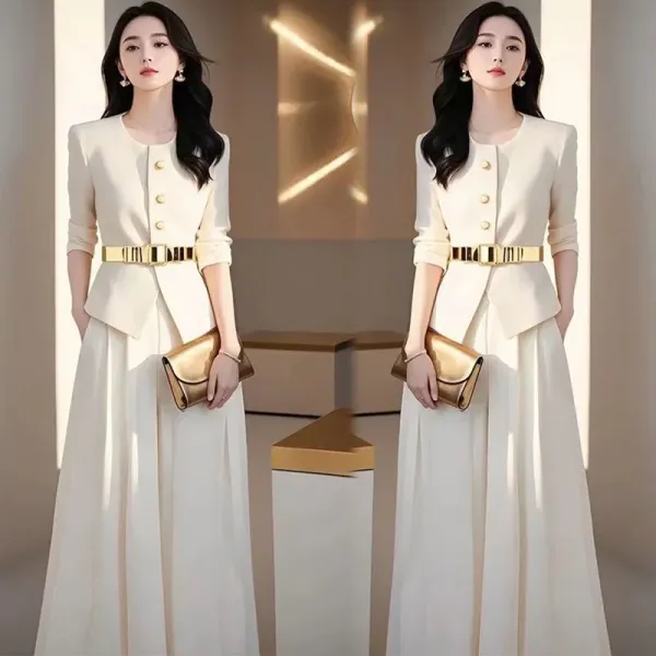 Design Cream Off-White Tailored Set with Gold Belt Clutch - 5